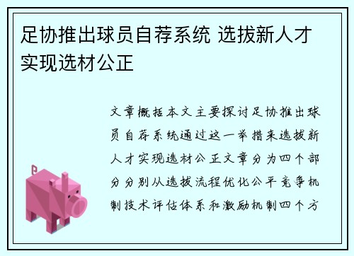 足协推出球员自荐系统 选拔新人才 实现选材公正